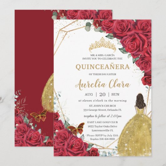Invitation Quinceañera Roses rouges Floral Yellow Princesse r (Devant / Derrière)