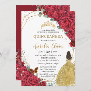 Invitation Quinceañera Roses rouges Floral Yellow Princesse r