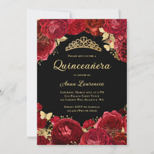 Invitation Quinceanera Roses Rouges Noires Fleurs Florales