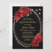 Invitation Quinceanera Roses Rouges Noires Fleurs Papillon Or (Devant)