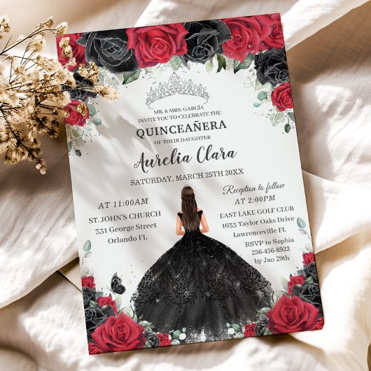 Invitation Quinceañera Roses Rouges Noires Roses Florales Pri
