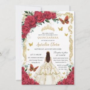 Invitation Quinceañera Roses rouges Roses florales Robe blanc
