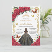 Invitation Quinceañera Roses rouges Roses florales Robe noire (Debout devant)