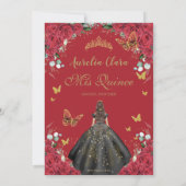 Invitation Quinceañera Roses rouges Roses florales Robe noire (Dos)