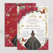 Invitation Quinceañera Roses rouges Roses florales Robe noire (Devant / Derrière)