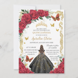 Invitation Quinceañera Roses rouges Roses florales Robe noire