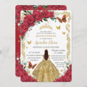 Invitation Quinceañera Roses rouges Roses florales Robe or pr (Devant / Derrière)