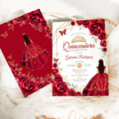 Invitation Quinceanera Roses Rouges Roses robe Or