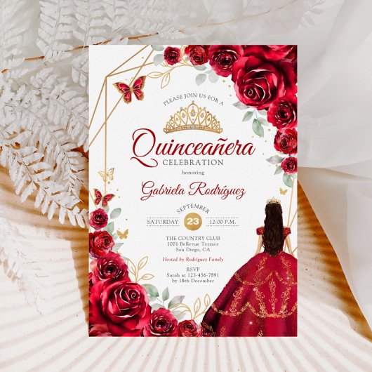 Invitation Quinceanera Roses Rouges Roses robe Or