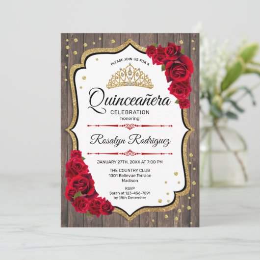 Invitation Quinceanera - Roses rouges rustiques en bois (Debout devant)