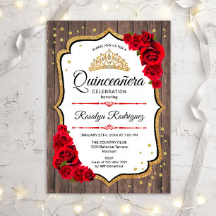 Invitation Quinceanera - Roses rouges rustiques en bois