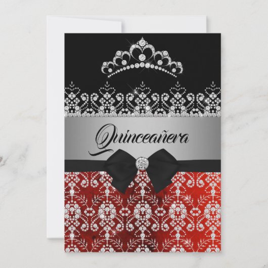 Invitation Quinceanera Rouge Argent Éperche Diamond Tiara Bow (Devant)