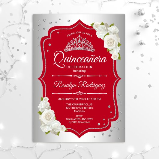 Invitation Quinceanera - Rouge argenté