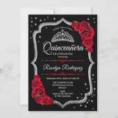 Invitation Quinceanera - Rouge argenté noir (Devant)