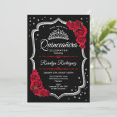 Invitation Quinceanera - Rouge argenté noir (Debout devant)