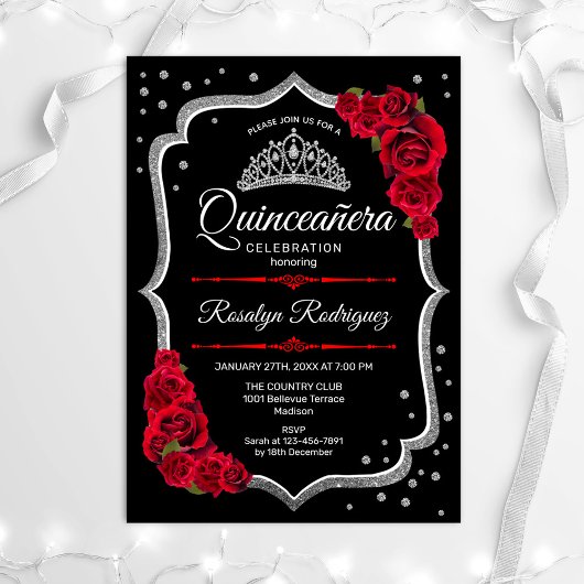Invitation Quinceanera - Rouge argenté noir