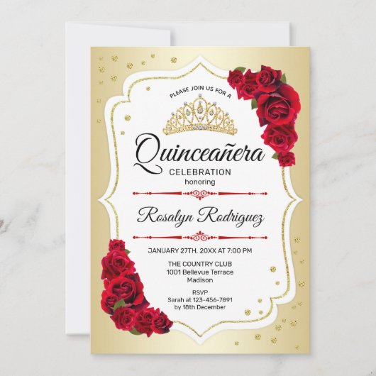 Invitation Quinceanera - Rouge blanc or (Devant)