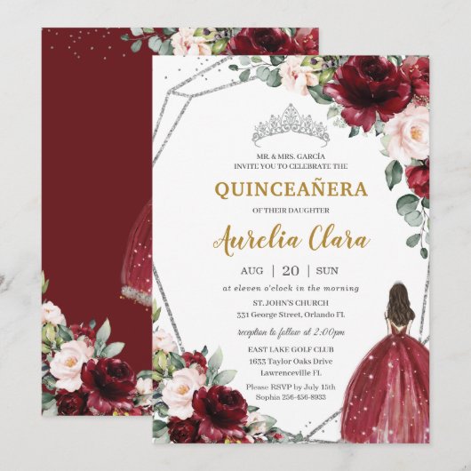 Invitation Quinceañera Rouge Bourgogne Blush Floral Argent Ti (Devant / Derrière)