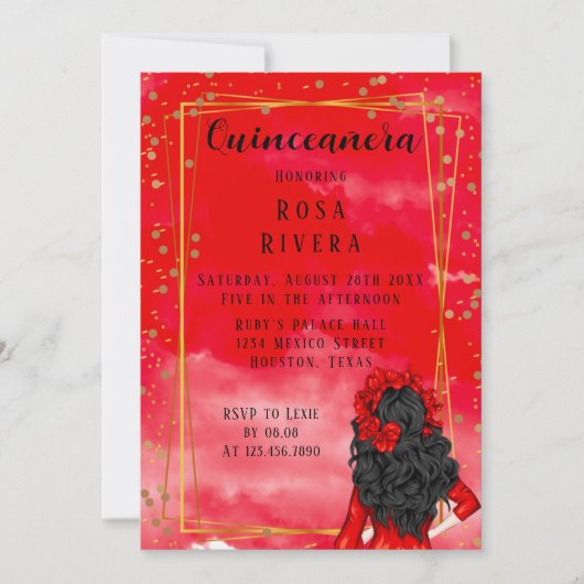 Invitation Quinceanera rouge et or moderne (Devant)