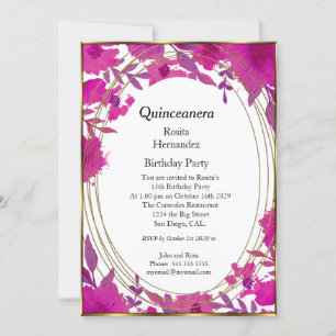 Invitation Quinceanera Rouge Fleurs pourpres Anniversaire