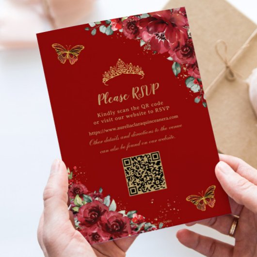 Invitation Quinceañera Rouge Floral Or Papillons QR RSVP
