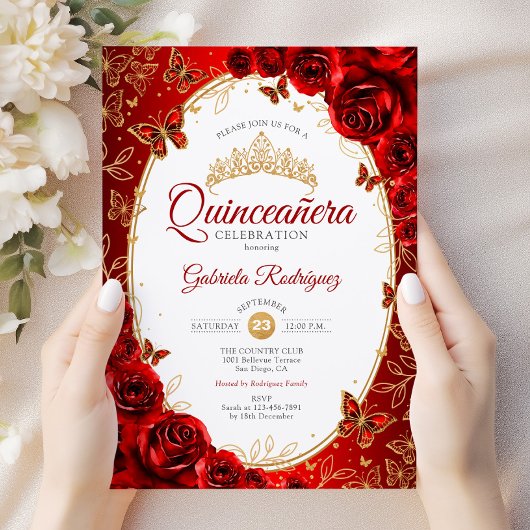 Invitation Quinceanera Rouge or élégant chic