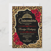 Invitation Quinceanera - Rouge or Empreinte de léopard (Devant)