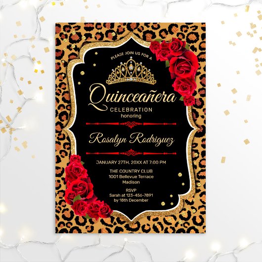 Invitation Quinceanera - Rouge or Empreinte de léopard