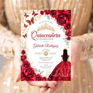 Invitation Quinceanera Rouge Or Floral