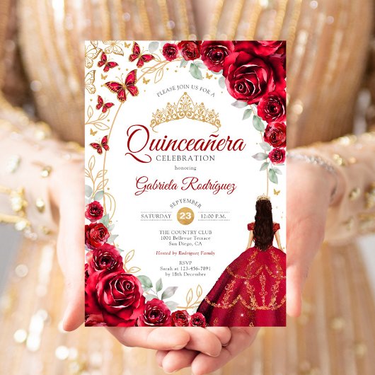 Invitation Quinceanera Rouge Or Floral