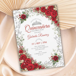 Invitation Quinceañera rouge papillons roses argentées