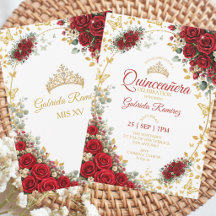Quinceañera rouge papillons roses dorées