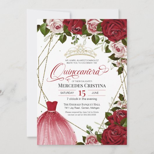 Invitation Quinceañera rouge rose doré fête d'anniversaire de (Devant)