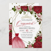 Invitation Quinceañera rouge rose doré fête d'anniversaire de (Devant / Derrière)