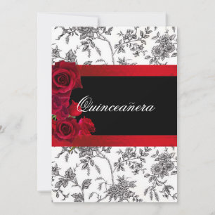 Invitation Quinceanera Rouge Satin Roses Noir Blanc Toile