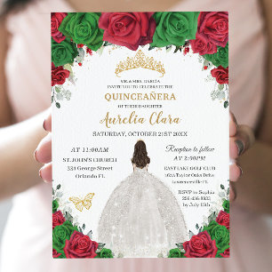 Invitation Quinceañera Rouge Vert Floral Princesse Blanc Robe