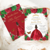 Invitation Quinceañera Rouge Vert Roses Floral Princesse Or