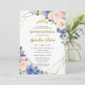 Invitation Quinceañera Royal Blue Blush Floral Gold Tiara (Debout devant)