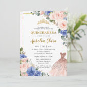 Invitation Quinceañera Royal Blue Blush Floral Robe Tiara (Debout devant)