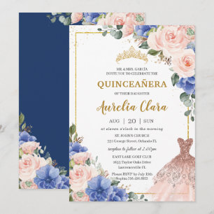 Invitation Quinceañera Royal Blue Blush Floral Robe Tiara
