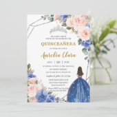 Invitation Quinceañera Royal Blue Blush Floral Silver Tiara (Debout devant)