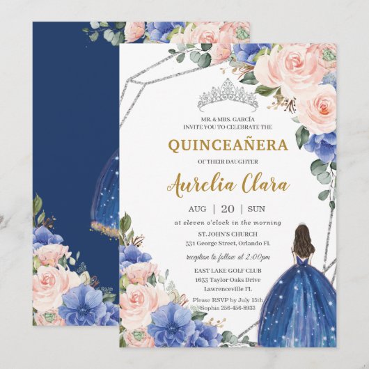 Invitation Quinceañera Royal Blue Blush Floral Silver Tiara (Devant / Derrière)