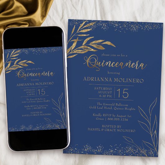 Invitation Quinceanera Royal Blue et Gold Leaf Élégant