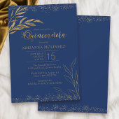 Invitation Quinceanera Royal Blue et Gold Leaf Élégant