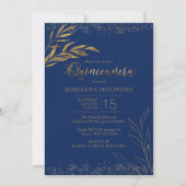 Invitation Quinceanera Royal Blue et Gold Leaf Élégant (Devant)