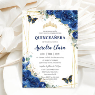 Invitation Quinceañera Royal Blue Floral Papillons Anniversai