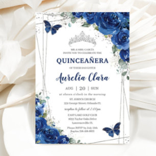 Invitation Quinceañera Royal Blue Floral Papillons Anniversai