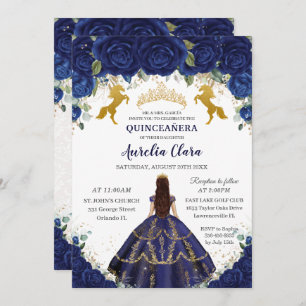 Invitation Quinceañera Royal Blue Floral Princess Gold Hors