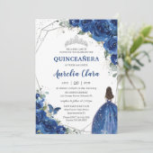 Invitation Quinceañera Royal Blue Floral Princesse Anniversai (Debout devant)