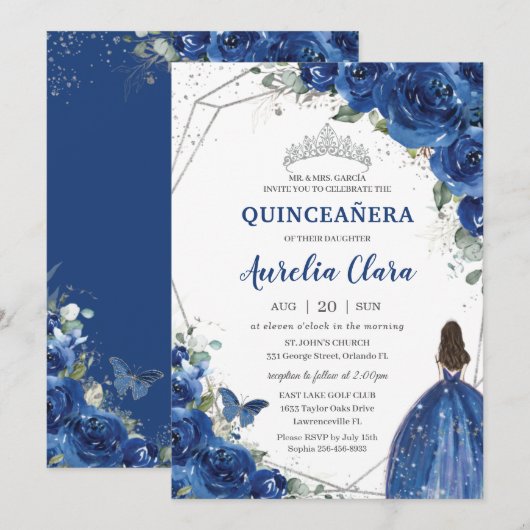 Invitation Quinceañera Royal Blue Floral Princesse Anniversai (Devant / Derrière)